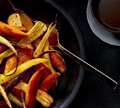 Roasted Vegetables with Coffee, Bourbon, and Maple Syrup Sauce